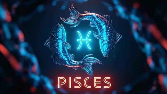 Blue neon stylized pisces zodiac sign with red glowing text for astrology, horoscope, and spiritual design element