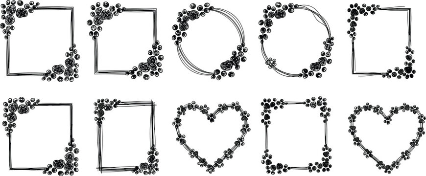 Collection of hand drawn sketchy frames and heart borders with cute pet paw prints cad drawing flat vector illustration.