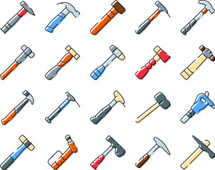 Fototapeta premium Hammers and mallets vector icon collection showing different types of hand tools used for construction, carpentry, demolition, and various industrial applications, ideal for design work