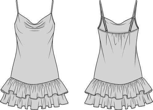 Fashionable Cami Dress Technical Drawing: A Stylish Summer Slip Dress Design Template for Apparel Manufacturing and Garment Pattern Development