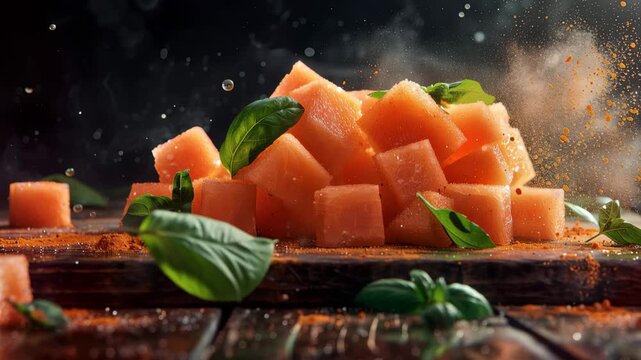 Pile of Diced Cantaloupe with Basil and Spices 4K Video