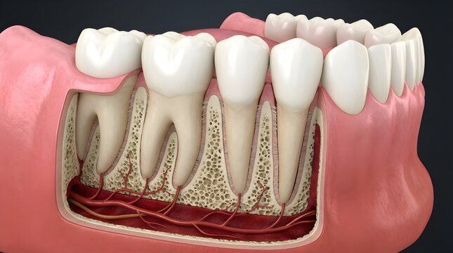 Cross-sectional Anatomical Illustration of Human Teeth, Gums, and Jaw with Nerves and Blood Vessels