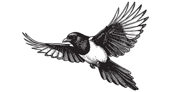 Magpie bird in flight with spread wings and long tail in a detailed vintage wildlife engraving style.
