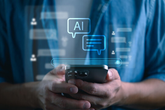 AI personal assistant chatbot interface on smartphone screen, representing intelligent virtual advisor, automated communication, smart customer support and digital technology innovation.