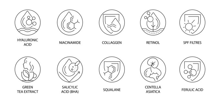 Skincare Active Ingredients Line Icons Set. Hyaluronic Acid, Retinol, Vitamin Care, SPF, Peptides, Antioxidants