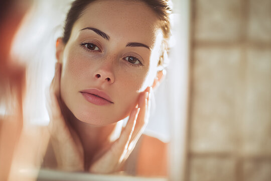 Young Caucasian beauty influencer with freckles and tied - back hair cupping her face in a bright backlit bathroom mirror morning skincare routine