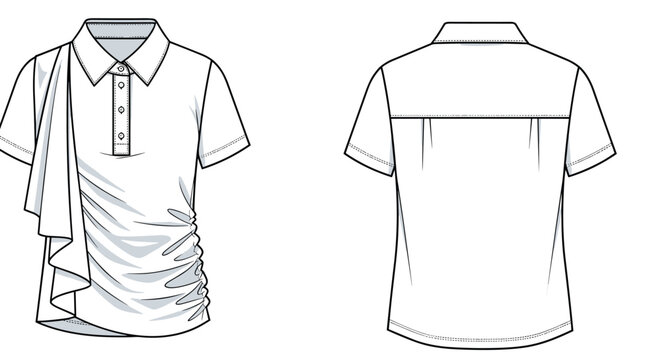 Fashion Technical Drawing of a Trendy Woman's Polo Shirt Design with Ruffles and Cinched Side Detailing in Black and White, Front and Back Views