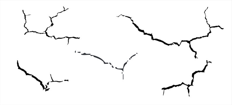 Surface cracks and fissures in ground, concrete, crevices from disaster top view. Breaks on land surface from earthquake isolated on white background. Broken ground, wall, glass pattern effect. Damage