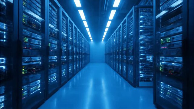 Server racks blinking status lights lined up symmetrically in a high-tech data center hallway under bright blue fluorescent lighting, tracking shot.