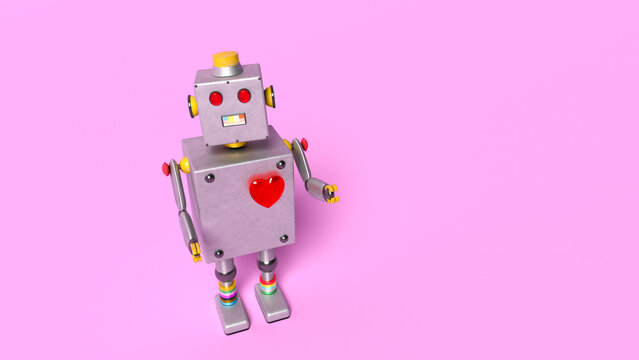 3d rendering of cute robot with heart symbol on pink background