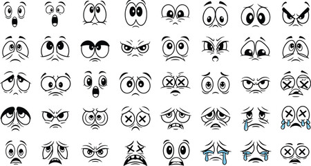 Fototapeta premium Cartoon eyes expressions set with sad happy angry crying cad drawing flat vector illustration collection
