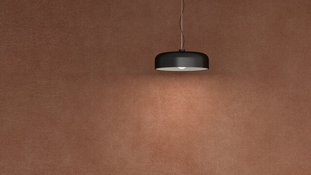 Modern hanging lamp illuminating empty brown wall indoors