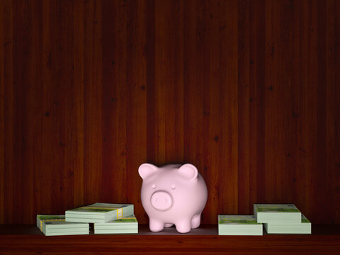 Piggy bank and stacks of money symbolizing finance and saving