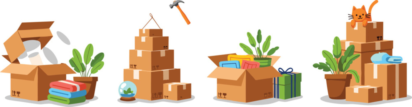 Cardboard moving boxes with household items plants and cat cad drawing flat vector illustration set