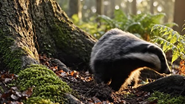 A badger with a black and white striped face walks through a forest, lit by sunlight