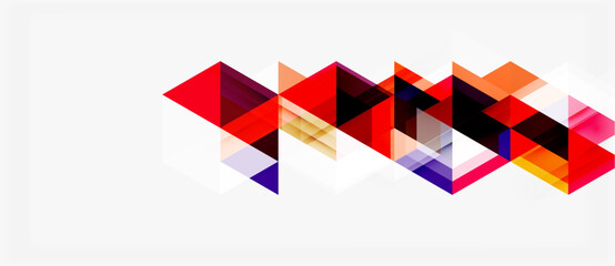 Obraz premium Abstract geometric shapes overlap, creating dynamic red, purple, orange pattern on white background. Minimalist design.