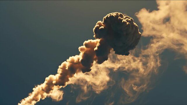 Smoke trails form with varying motion densities concept. Fiery smoke trail in the sky resembling a meteor or comet with dramatic orange clouds against blue background