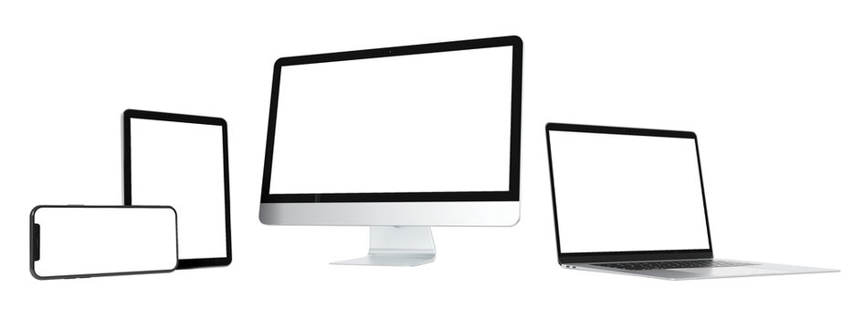 Modern devices screens isolated on transparent background. Smartphone, tablet, laptop and computer mockup. Front view. 3d rendering
