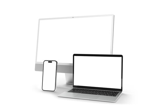 Modern devices screens isolated on transparent background. Smartphone, tablet, laptop and computer mockup. Front view. 3d rendering
