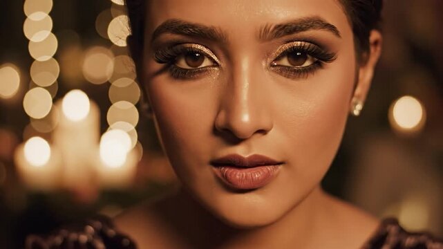 A close-up portrait of a woman with dramatic eye makeup, soft lighting, and blurred bokeh