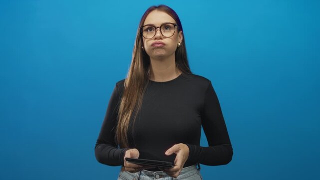 Woman holding tablet with both hands, puffs cheeks and looks up against a blue studio backdrop wearing glasses and black top; mild frustration.