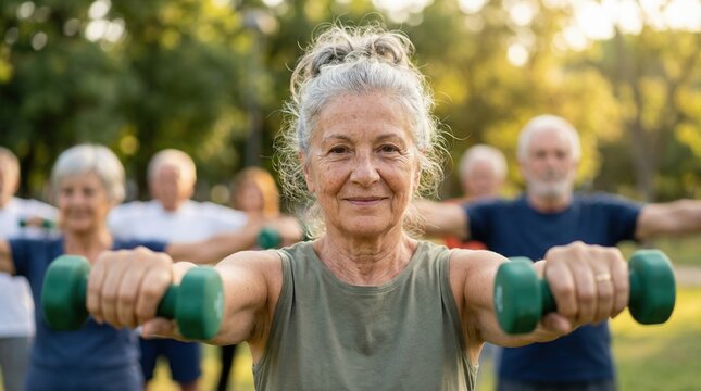 Active white senior woman lifting green dumbbells in a sunny park. Senior participant exercising with a group of older adults for outdoor fitness and healthy aging