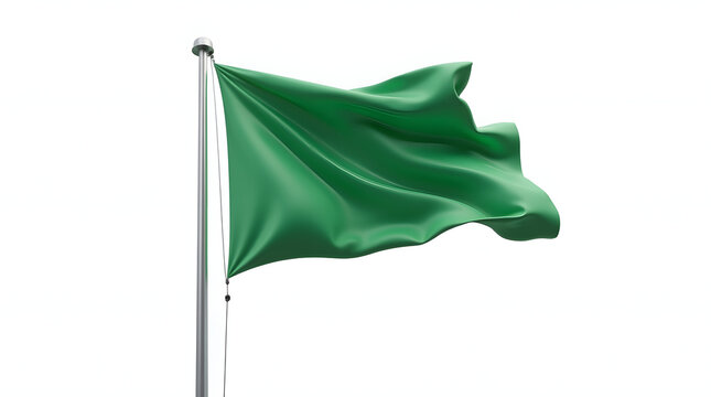 A vibrant green flag waving gently in the breeze against a light background.