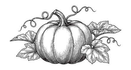 autumn pumpkin with curling vines and broad leaves vintage hand-drawn engraving style. © trianatio