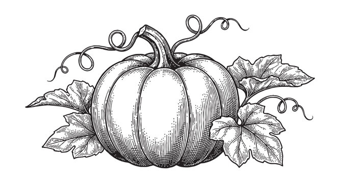 autumn pumpkin with curling vines and broad leaves vintage hand-drawn engraving style.
