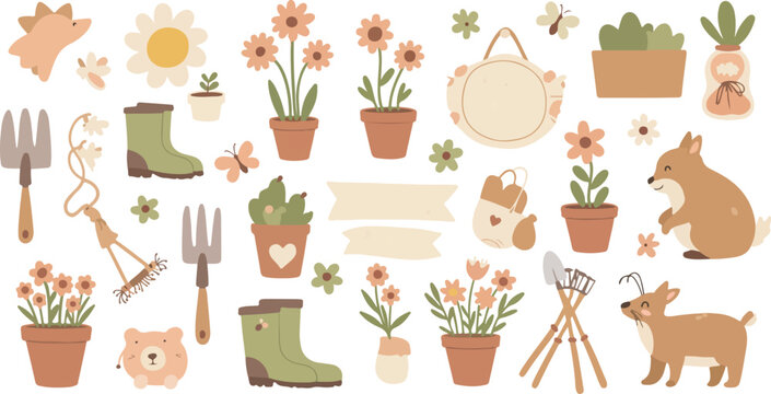 Garden tools and plants with animals in a whimsical illustration