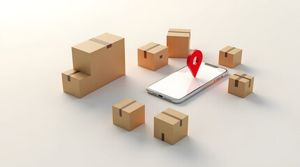 Fototapeta premium A smartphone displaying a location pin, surrounded by various cardboard boxes, representing online shopping and delivery services.