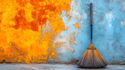 Broom leaning against vibrant weathered wall