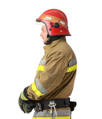 Fototapeta premium Male firefighter on white background