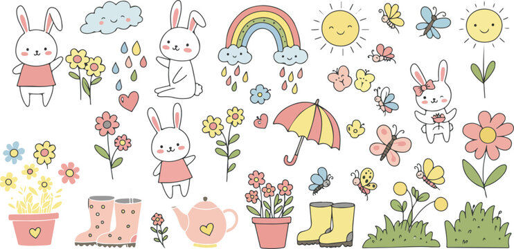 Whimsical spring and summer garden illustrations with flowers and rainbows