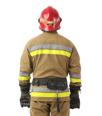 Fototapeta premium Male firefighter on white background, back view