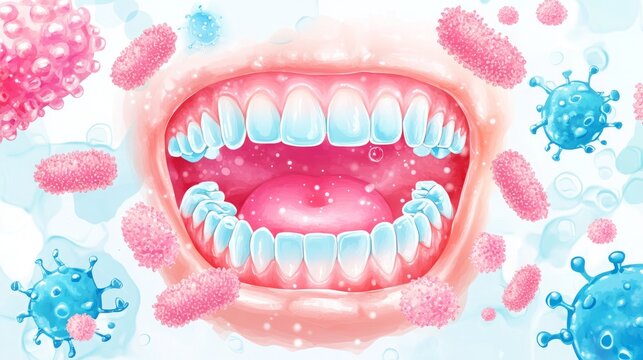 Educational macro of bacteria on tooth enamel surface for dental hygiene and oral health education posters