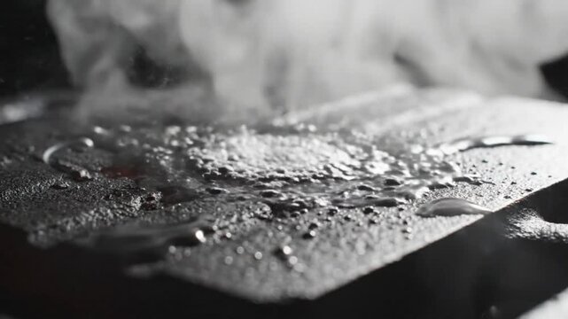 Close-up of water pouring onto a hot, textured surface, creating steam, and droplets on a dark background
