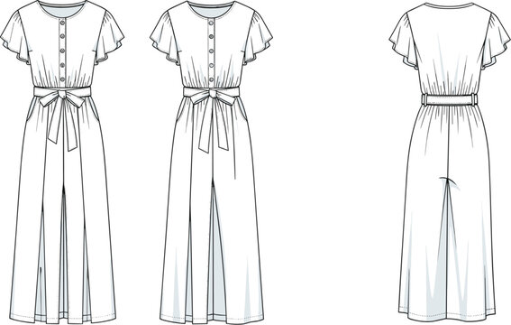 Fashion Forward Jumpsuit Design: A Detailed Technical Flat for Designers, Manufacturers, and Pattern Makers Featuring a Stylish Button Front and Flutter Sleeves