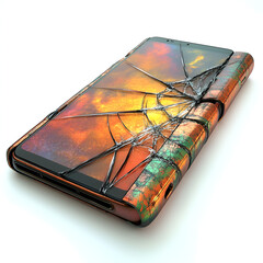 Cracked phone displays a fiery scene