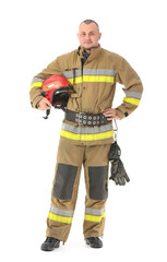 Male firefighter with helmet on white background