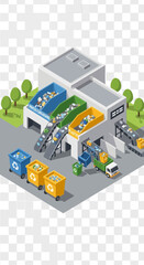 Fototapeta premium Recycling center with sorting bins and vehicles