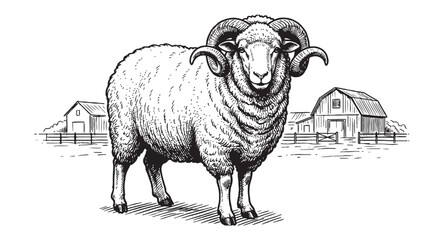 Large ram with curved horns standing in front of a rural farm landscape with barns in a vintage woodcut engraving style. © trianatio