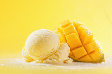黄色い背景のマンゴーとアイスクリーム