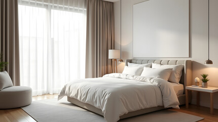 Fototapeta premium A serene and minimalist bedroom featuring a cozy bed, soft lighting, and elegant curtains for a calm atmosphere.