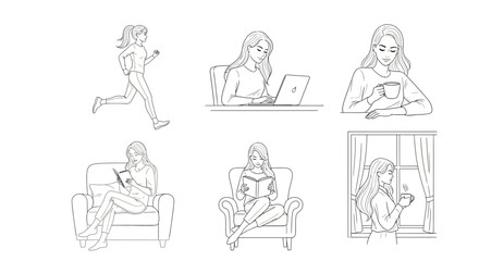 Fototapeta premium Woman's Daily Life: Running, Working, Reading, Drinking Coffee, Relaxing by Window
