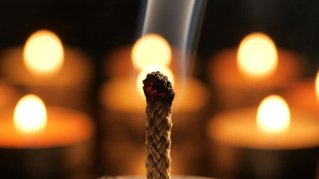 Close-up of a smoldering candle wick with soft focus lights in the background creating a warm, inviting atmosphere