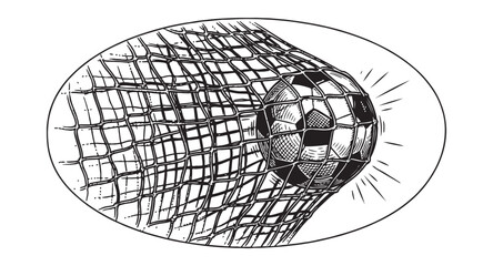 Soccer ball hitting the back of the net in a goal in a dynamic hand-drawn vintage sketch style. © trianatio