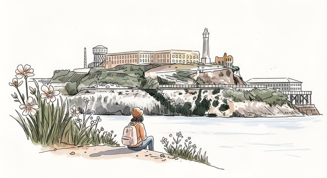 Alcatraz Island Illustration with Person Gazing Out Over the Water