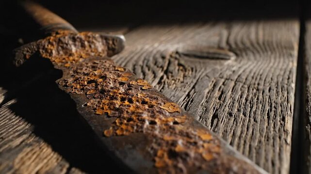 Close-up of a Rusty Dagger Lying on Weathered Wooden Planks in Dim Light