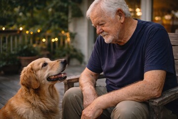A happy senior man shares a tender moment with his golden retriever dog outdoors, illustrating the special bond of pet companionship.